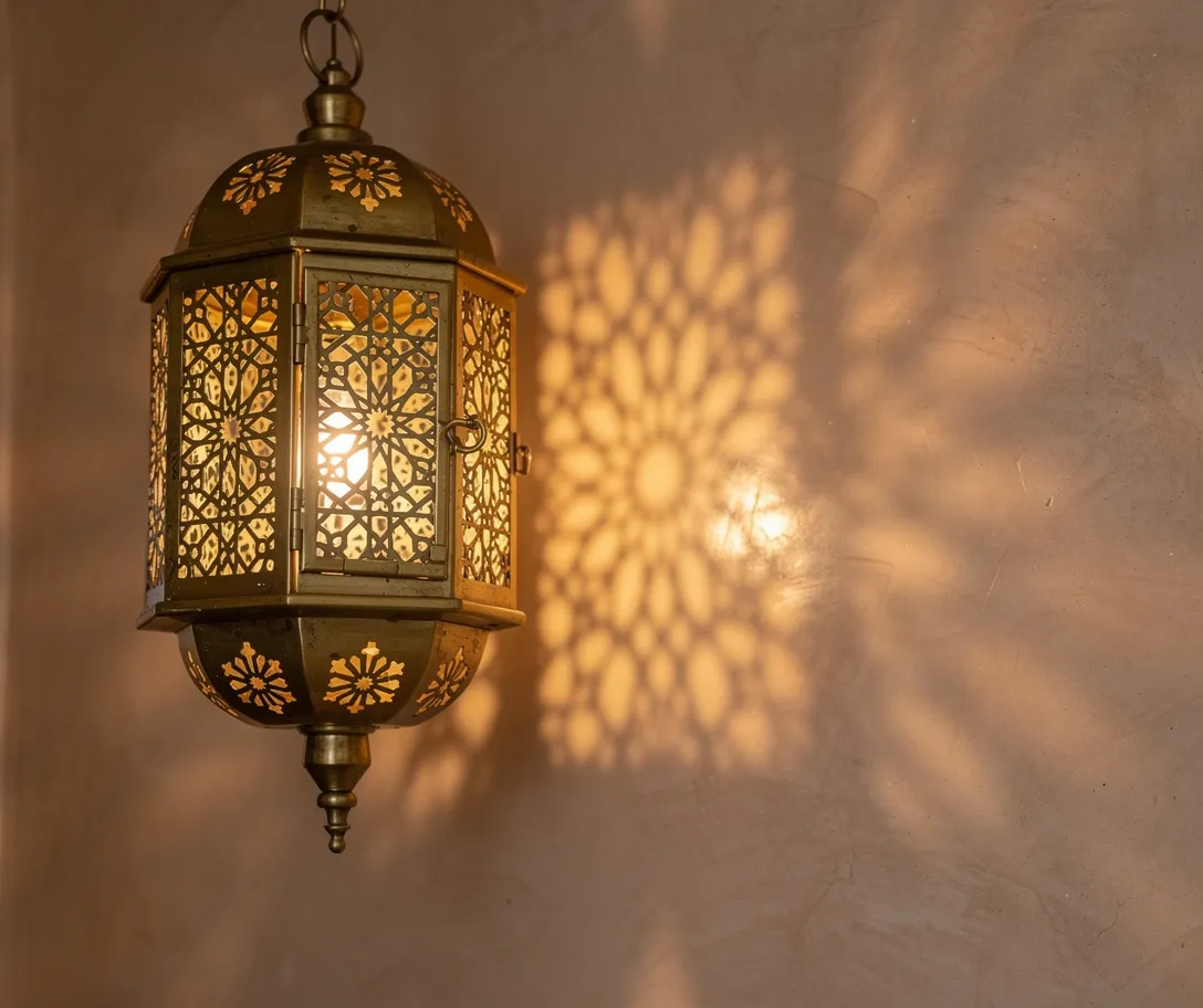 Trois photophores marocains en cuivre et laiton sur console en bois