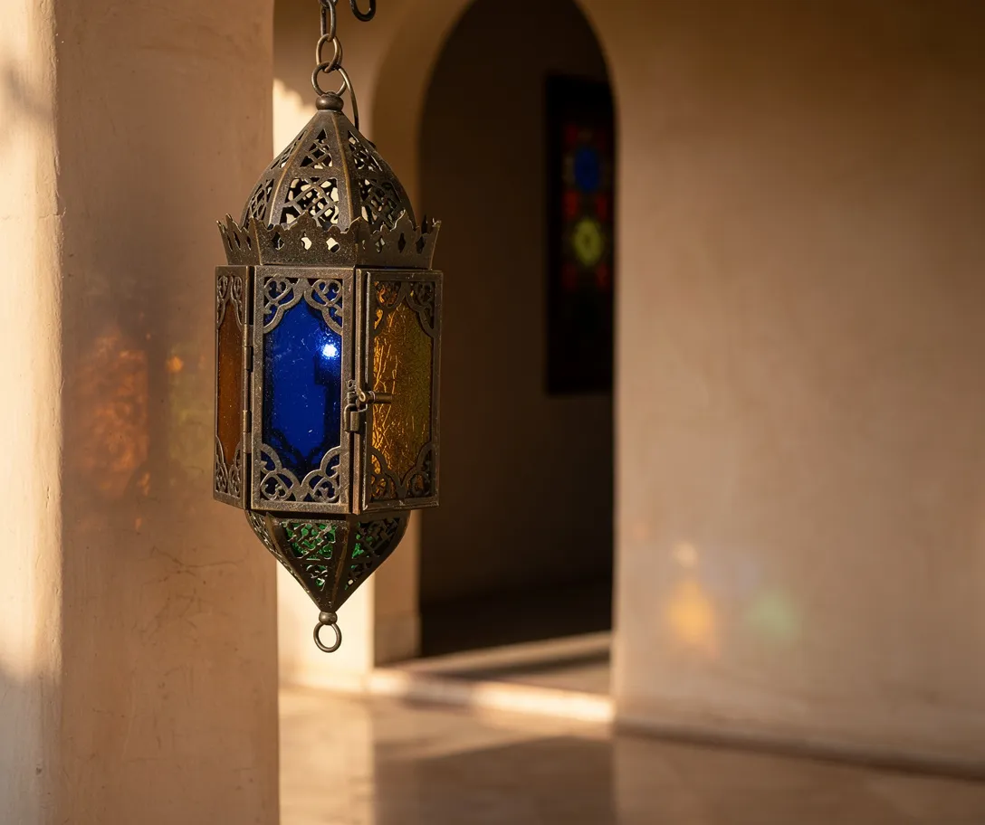 Lanterne marocaine en fer forgé avec verres colorés projetant une lumière chaleureuse
