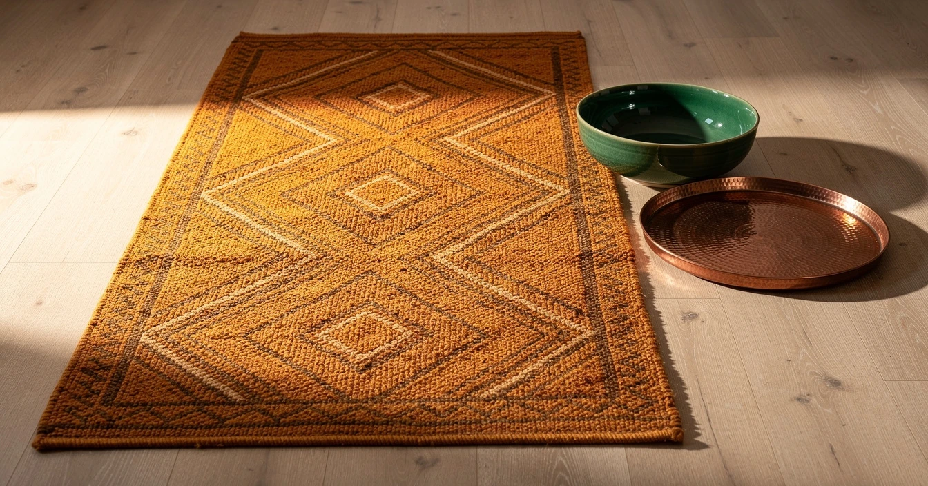 Tapis Taznakht complet safran orange motifs losanges chevrons poterie Tamegroute verte plateau cuivre martelé