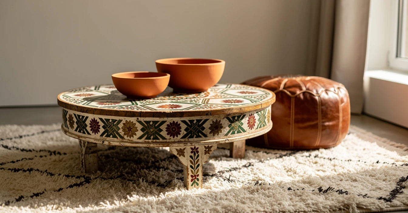 Table marocaine artisanale bois cèdre peint main motifs floraux dorés tapis berbère pouf cuir