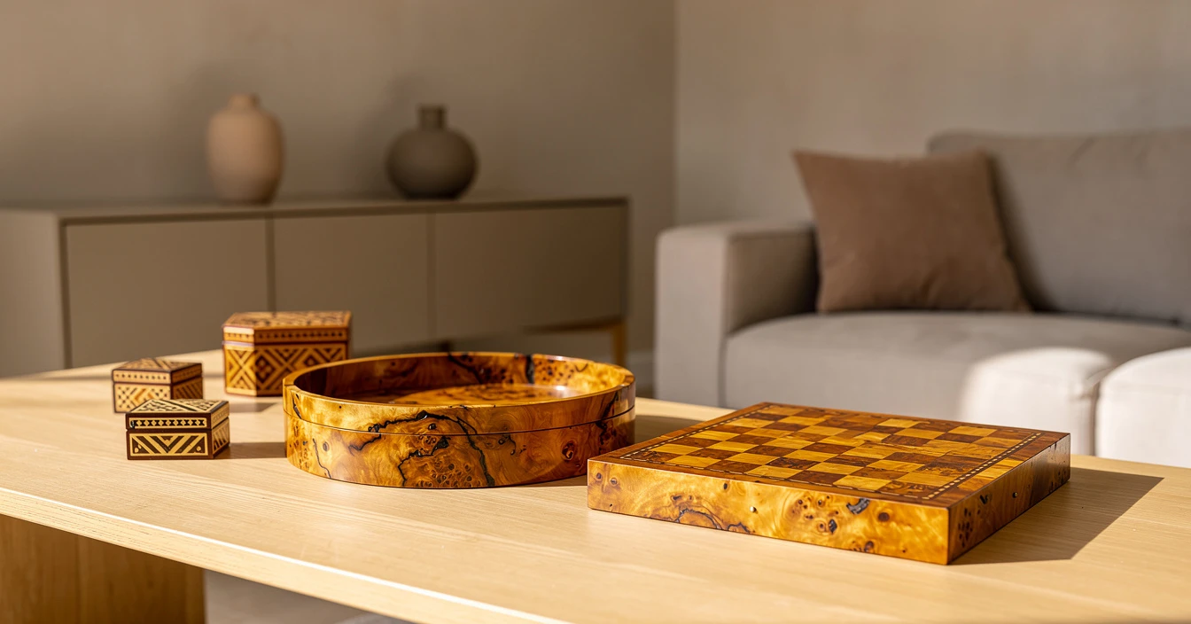 Bois de thuya collection boîtes plateau échiquier marqueterie grain ambre veines sombres