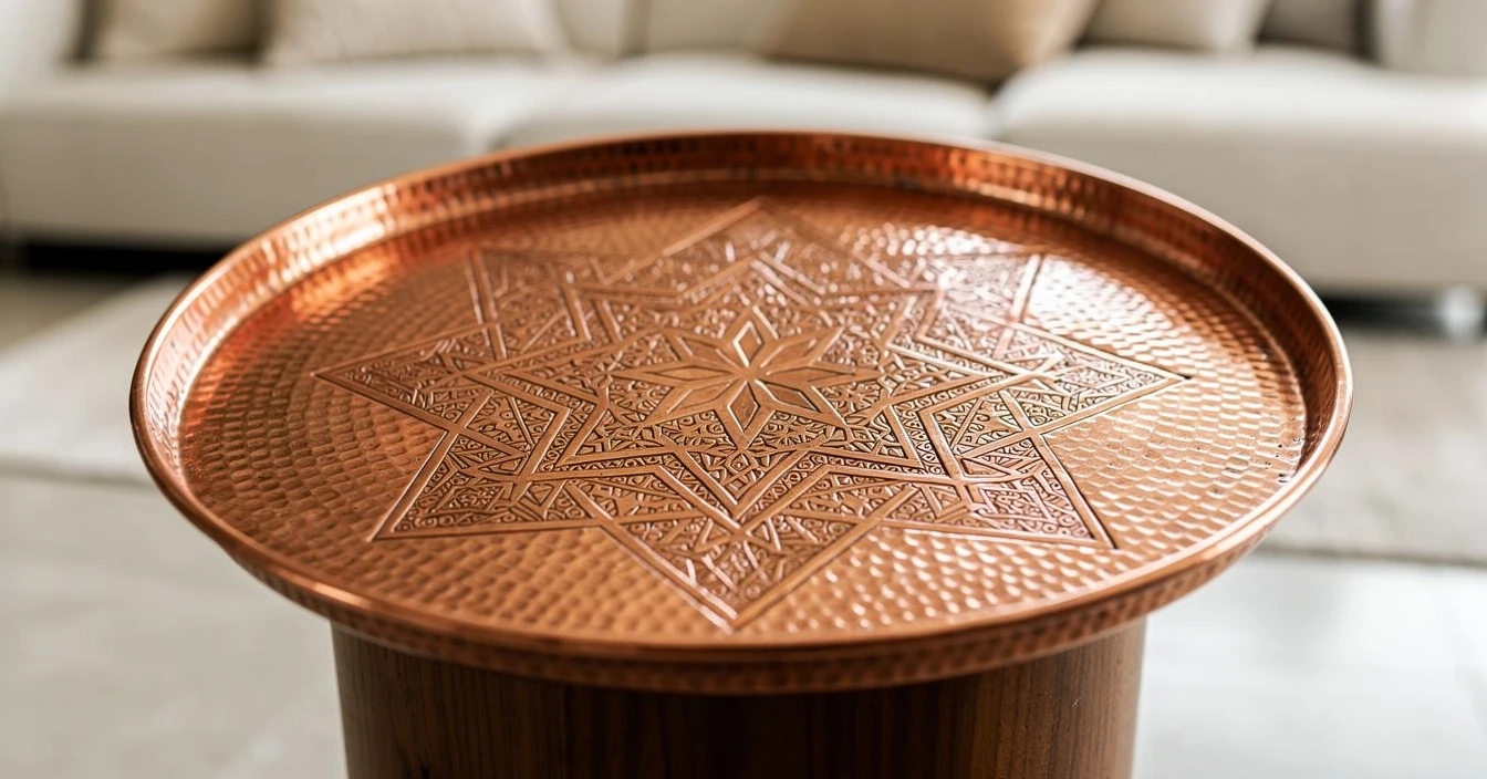 Détails table marocaine plateau cuivre ciselure étoiles arabesques piètement bois noyer