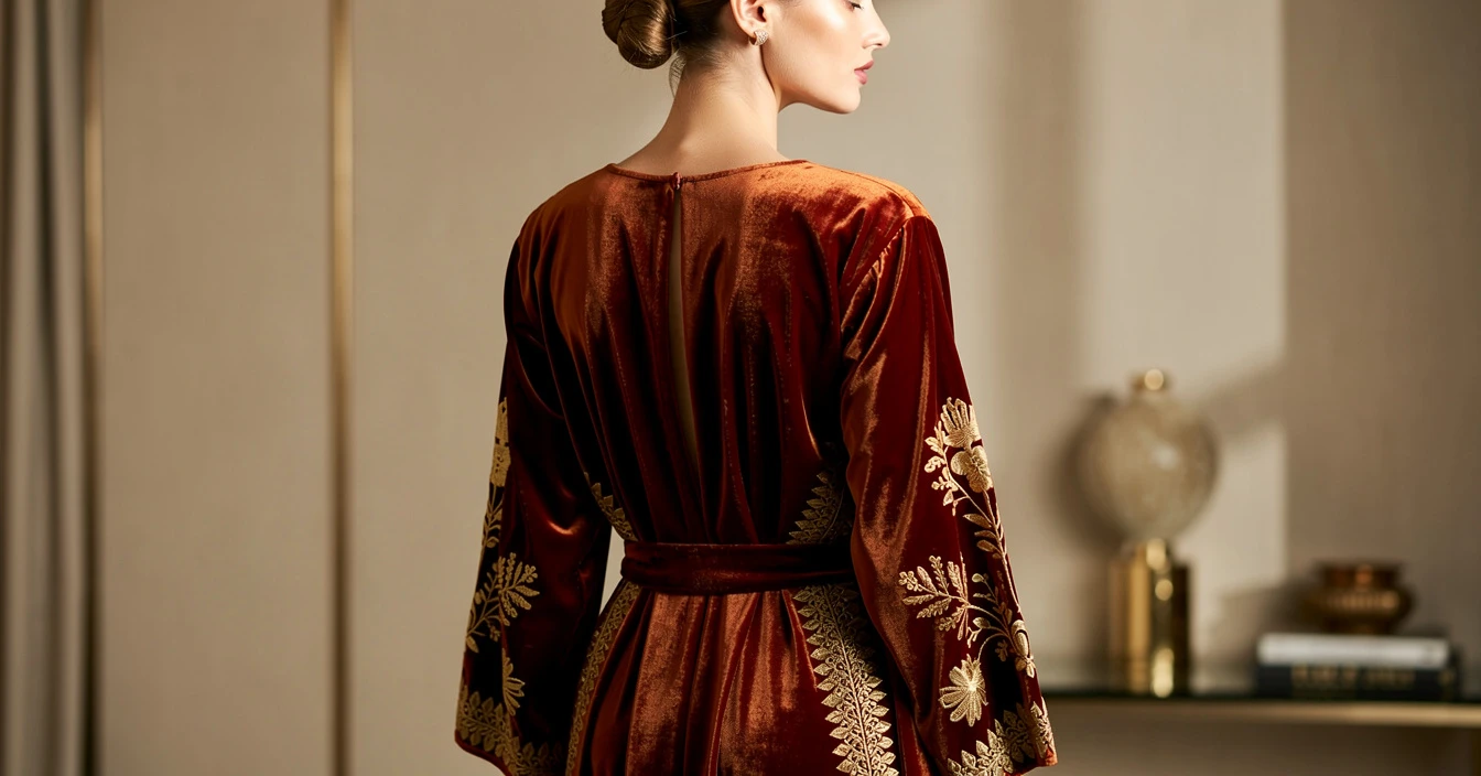 Vue de dos d'une femme élégante portant un caftan marocain, dos simple et uni en soie et velours drapés, sans ouverture, sans ceinture mdamma, intérieur luxueux