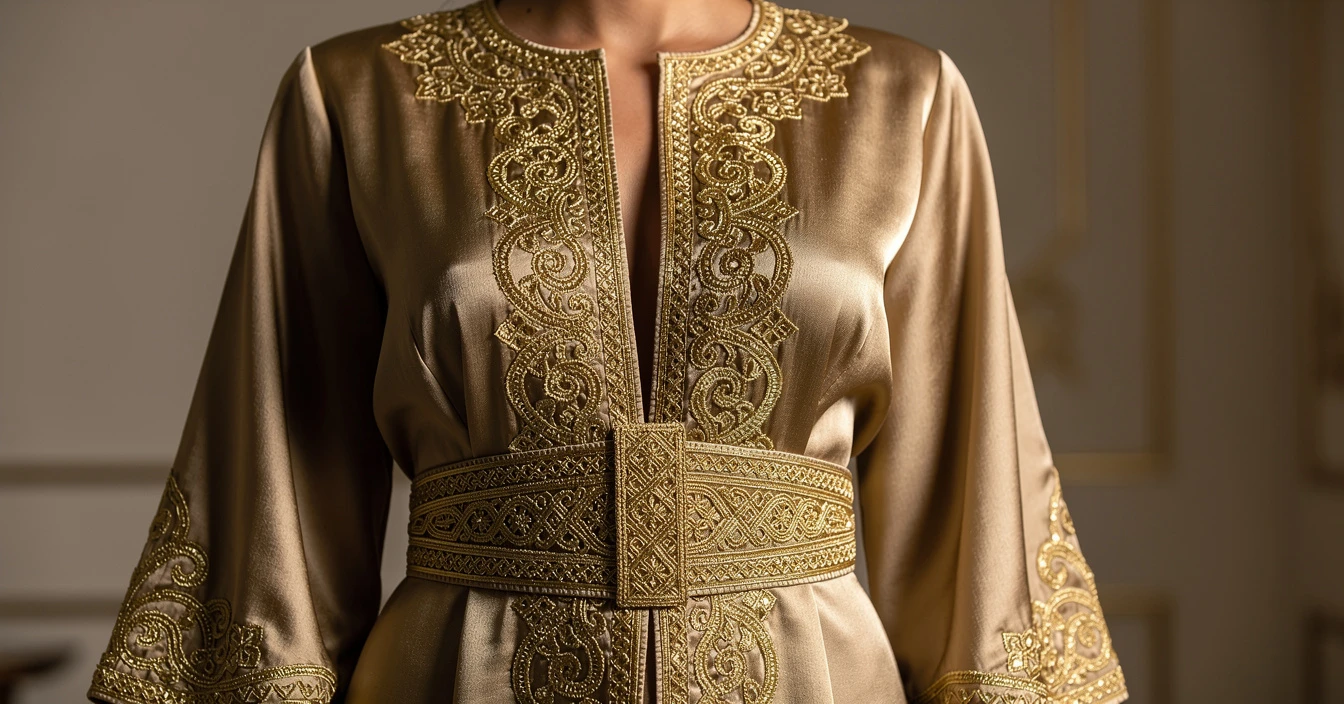 Gros plan sur le plastron avant d'un caftan marocain brodé de fil d'or, ouverture centrale, broderies sfifa et ceinture mdamma à l'avant, lumière chaude