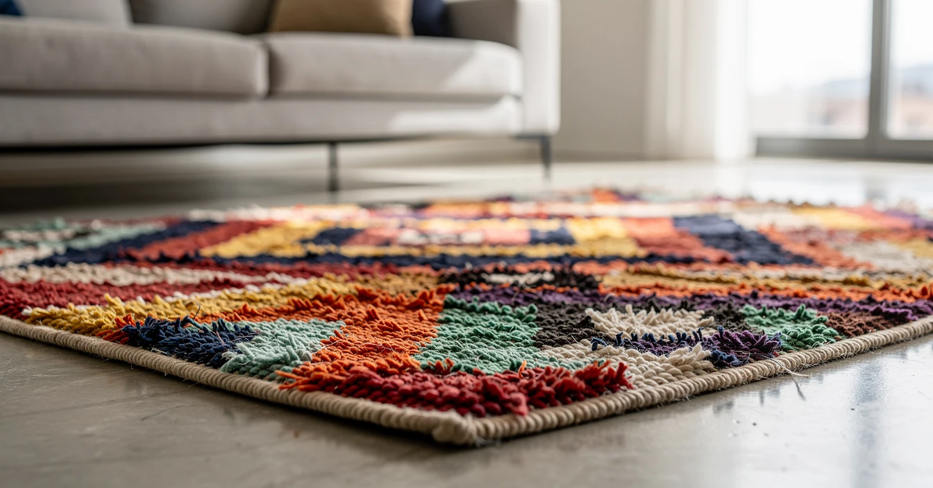 Détails tapis Boucherouite tissus recyclés bandes couleurs vives composition abstraite