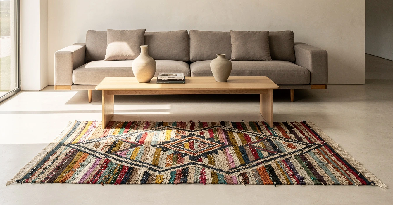 Tapis Boucherouite fragment couleurs vives motifs abstraits art populaire berbère
